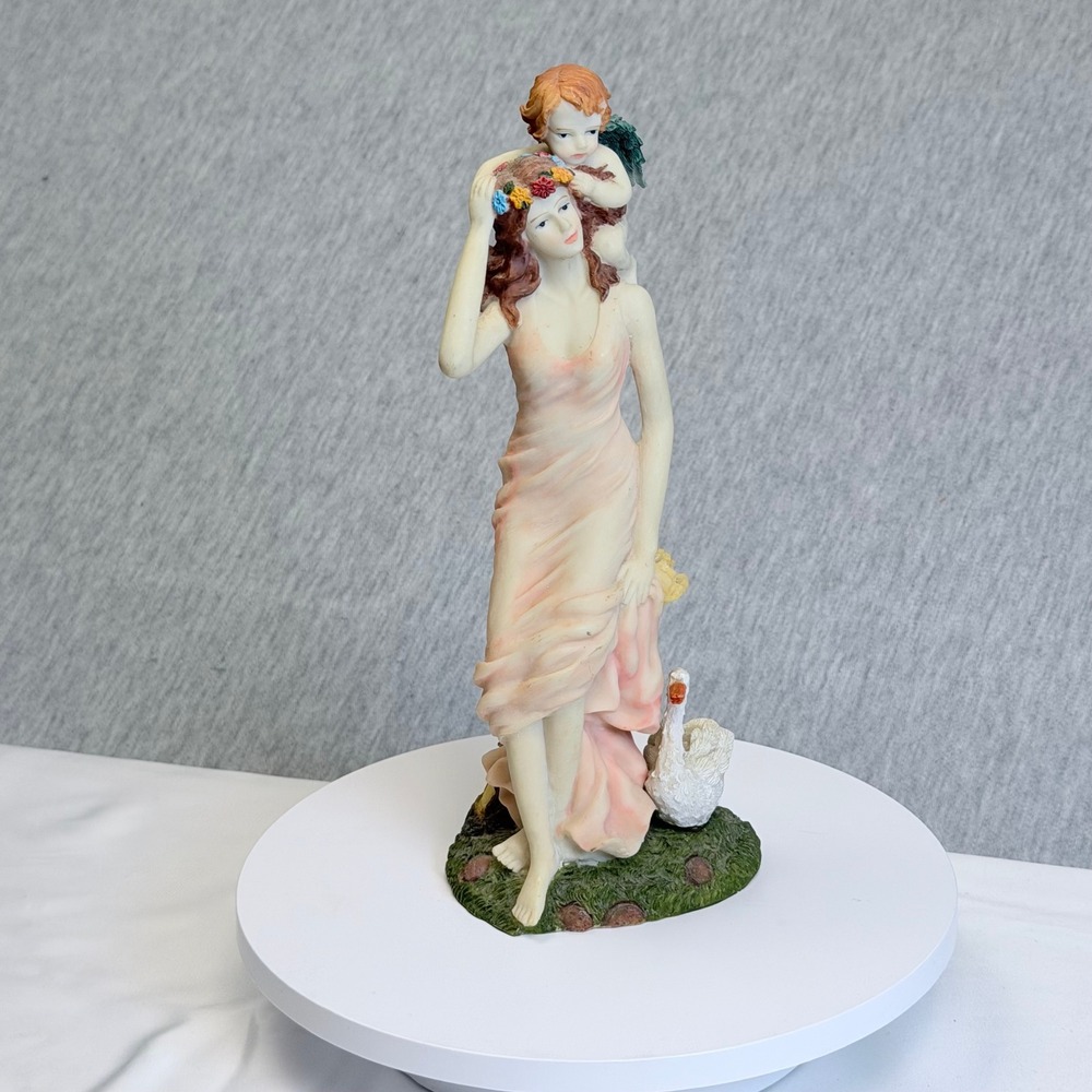 Vintage Style Resin Woman Figurine with Cherub Angel and Swan Pastel Decor